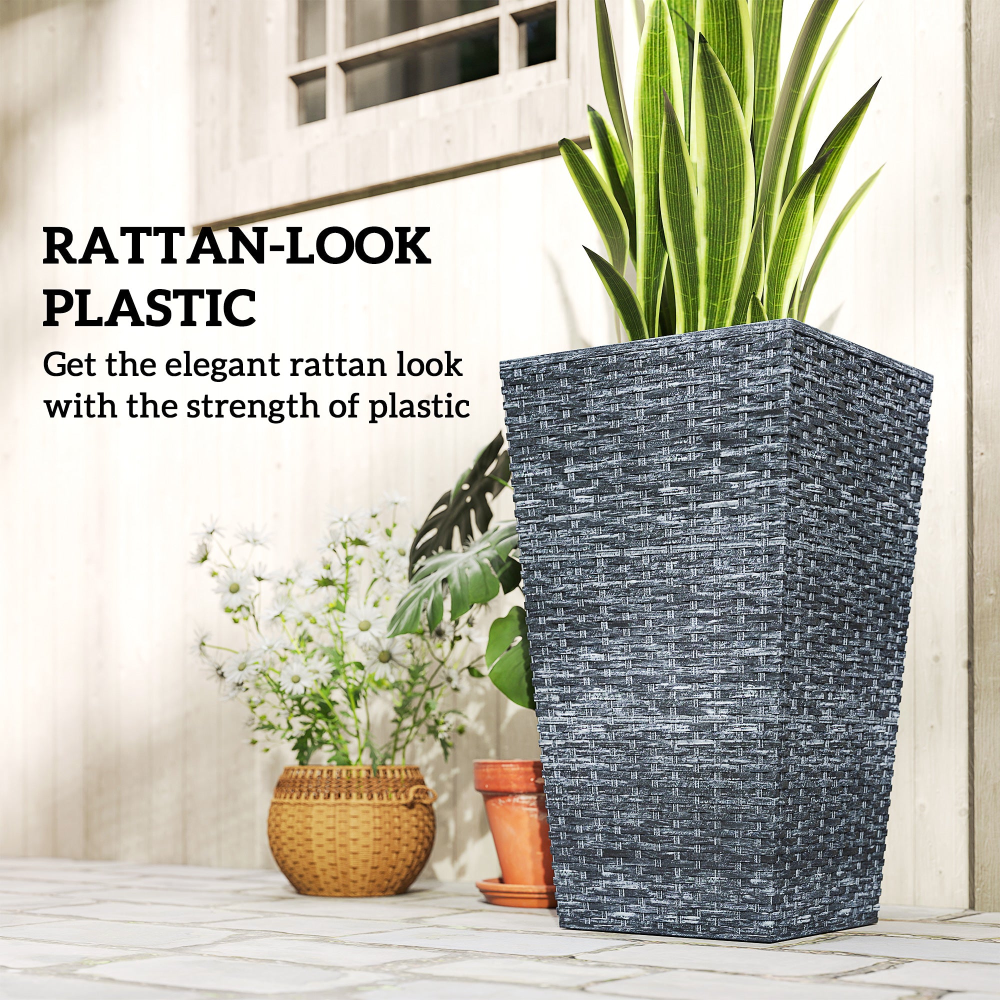 Tall Rattan-Style Planters, 24″ — Set of 3 (Gray) — alternate view 2