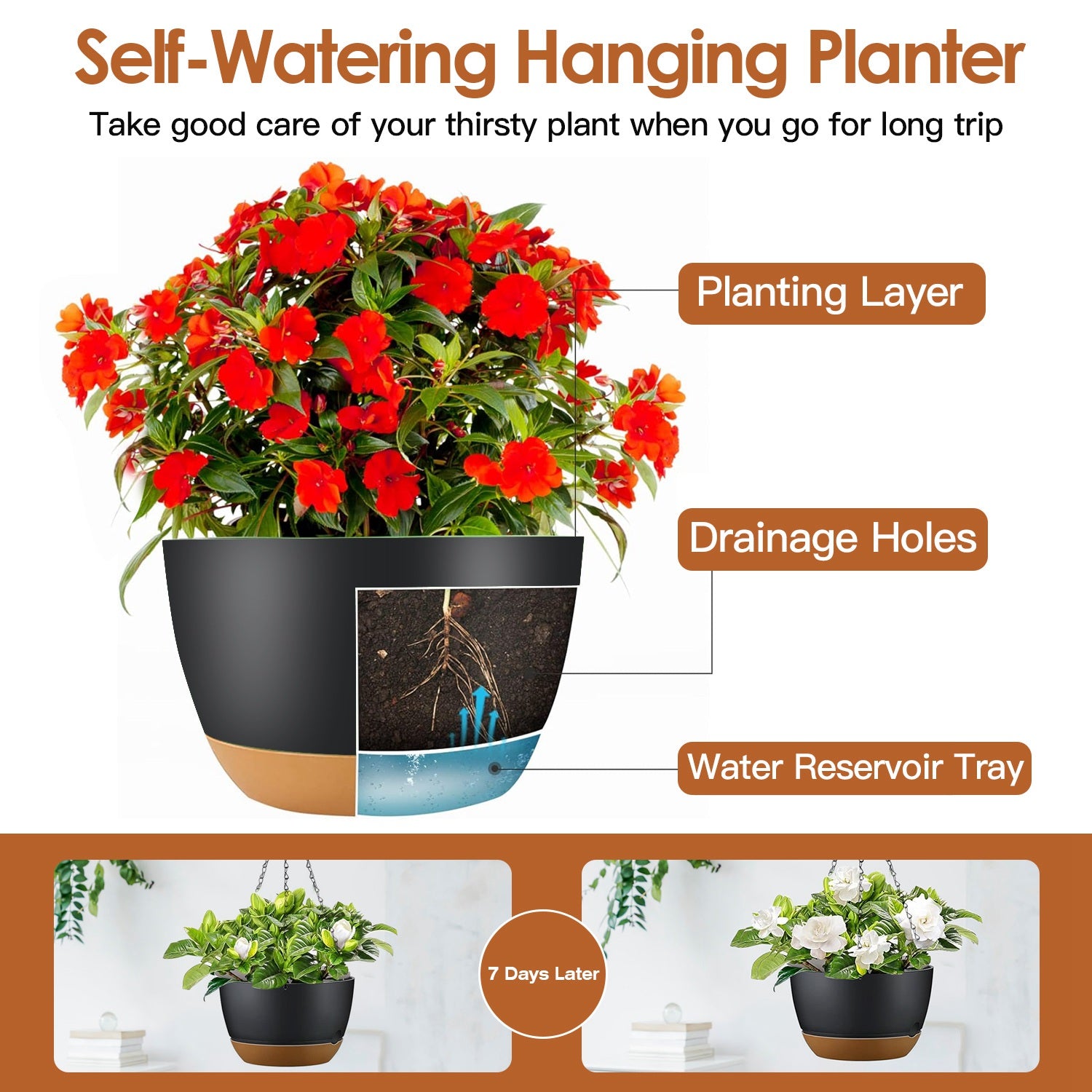 Self-Watering Hanging Planters, 9.6″ — Set of 4 (Gray) — alternate view 5