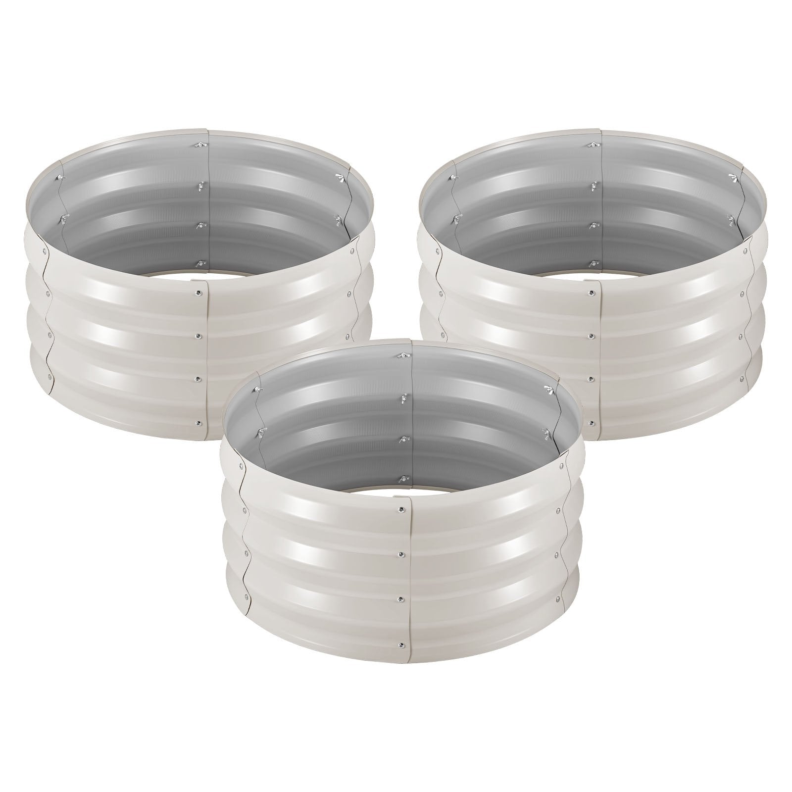 Round Galvanized Garden Beds, 2 × 2 × 1 ft — Set of 3 (Beige)